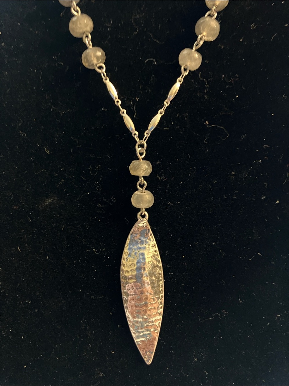 Coldwater Creek Silver Tone Beaded Necklace with Hammered Leaf Pendant